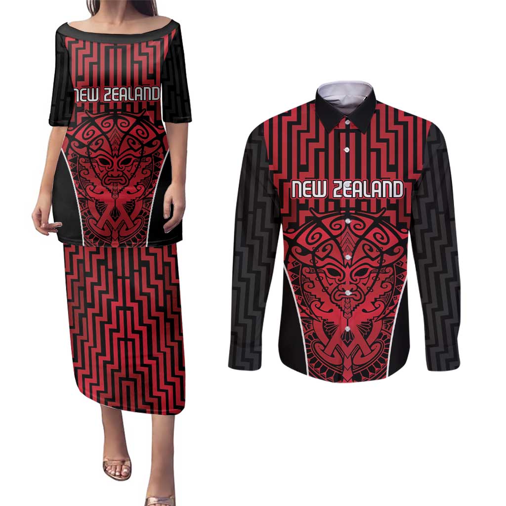 Custom Basketball New Zealand Couples Matching Puletasi and Long Sleeve Button Shirt Red Maori Ta Moko Indigenous - Polynesian Pride