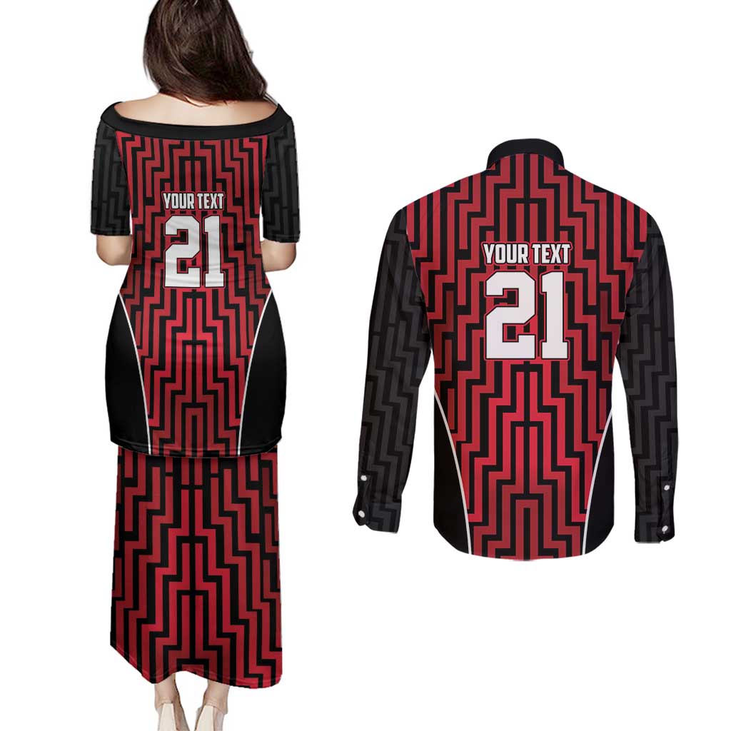 Custom Basketball New Zealand Couples Matching Puletasi and Long Sleeve Button Shirt Red Maori Ta Moko Indigenous - Polynesian Pride