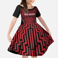 Custom Basketball New Zealand Family Matching Long Sleeve Bodycon Dress and Hawaiian Shirt Red Maori Ta Moko Indigenous LT9 Daughter's Dress Red - Polynesian Pride