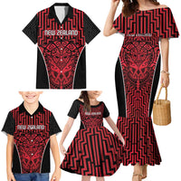 Custom Basketball New Zealand Family Matching Mermaid Dress and Hawaiian Shirt Red Maori Ta Moko Indigenous LT9 - Polynesian Pride