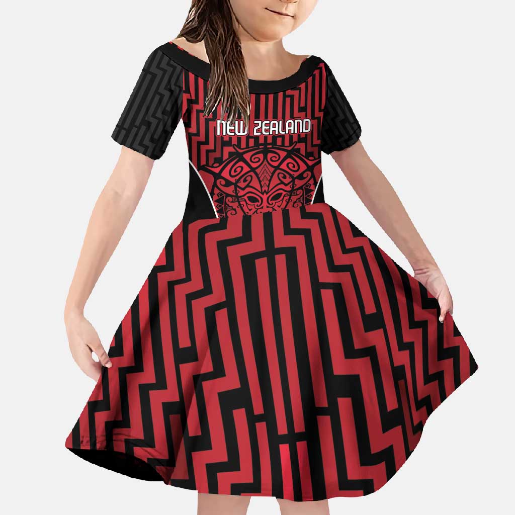 Custom Basketball New Zealand Family Matching Off Shoulder Maxi Dress and Hawaiian Shirt Red Maori Ta Moko Indigenous LT9 Daughter's Dress Red - Polynesian Pride