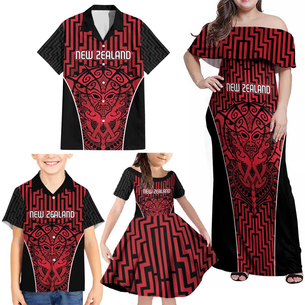 Custom Basketball New Zealand Family Matching Off Shoulder Maxi Dress and Hawaiian Shirt Red Maori Ta Moko Indigenous LT9 - Polynesian Pride