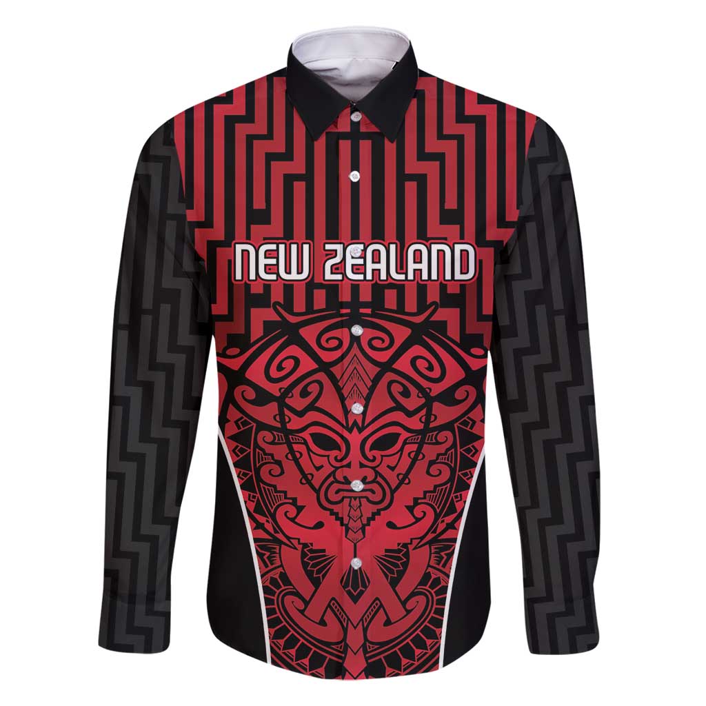Custom Basketball New Zealand Family Matching Off Shoulder Maxi Dress and Hawaiian Shirt Red Maori Ta Moko Indigenous LT9 Dad's Shirt - Long Sleeve Red - Polynesian Pride