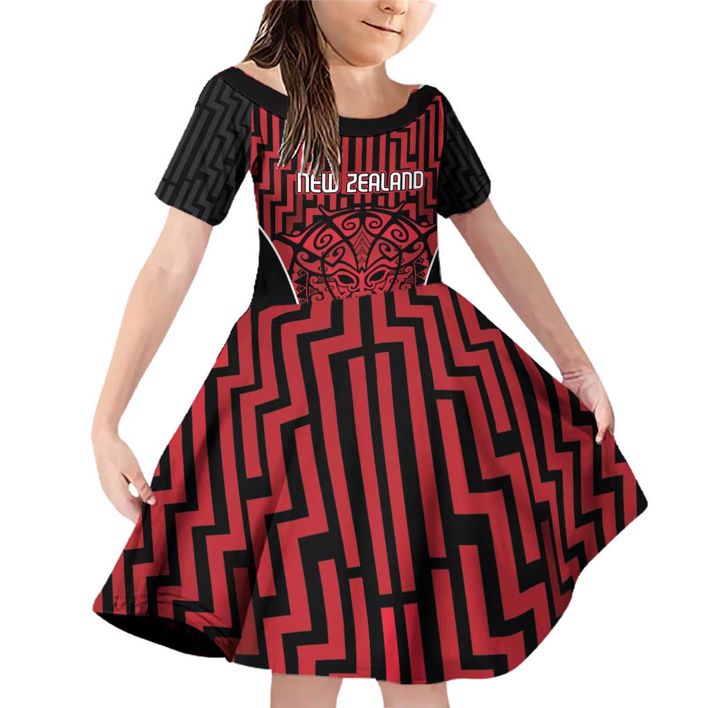 Custom Basketball New Zealand Family Matching Off Shoulder Short Dress and Hawaiian Shirt Red Maori Ta Moko Indigenous LT9 Daughter's Dress Red - Polynesian Pride