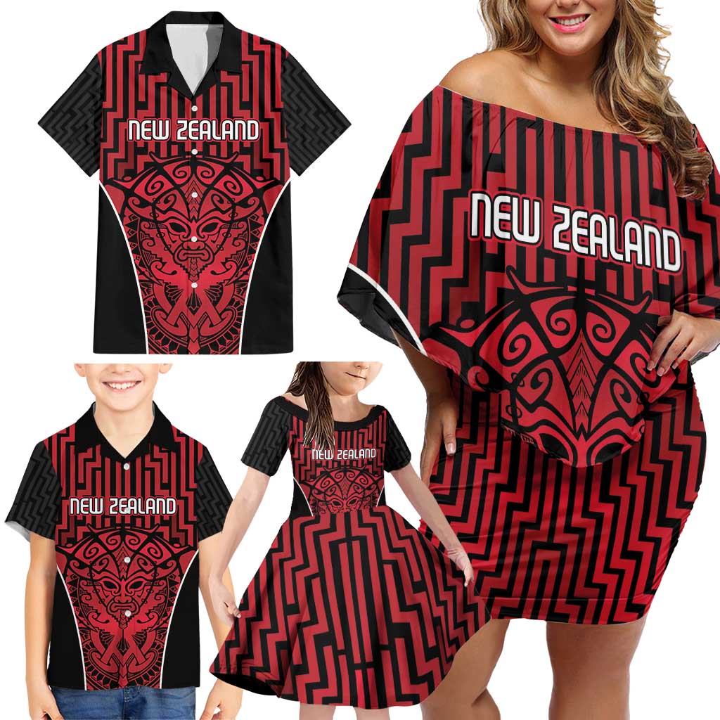 Custom Basketball New Zealand Family Matching Off Shoulder Short Dress and Hawaiian Shirt Red Maori Ta Moko Indigenous LT9 - Polynesian Pride