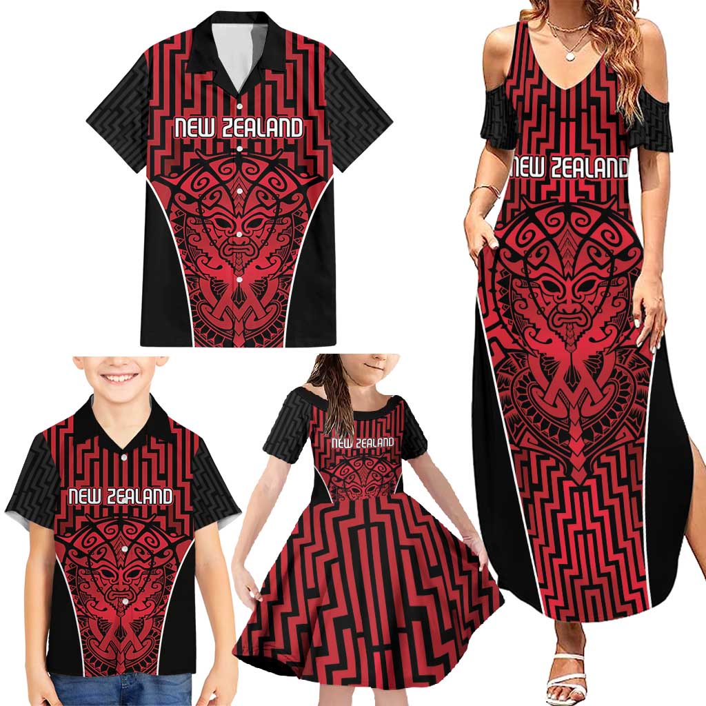 Custom Basketball New Zealand Family Matching Summer Maxi Dress and Hawaiian Shirt Red Maori Ta Moko Indigenous LT9 - Polynesian Pride
