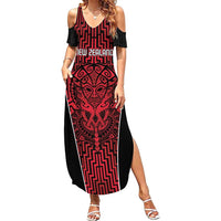 Custom Basketball New Zealand Family Matching Summer Maxi Dress and Hawaiian Shirt Red Maori Ta Moko Indigenous LT9 Mom's Dress Red - Polynesian Pride