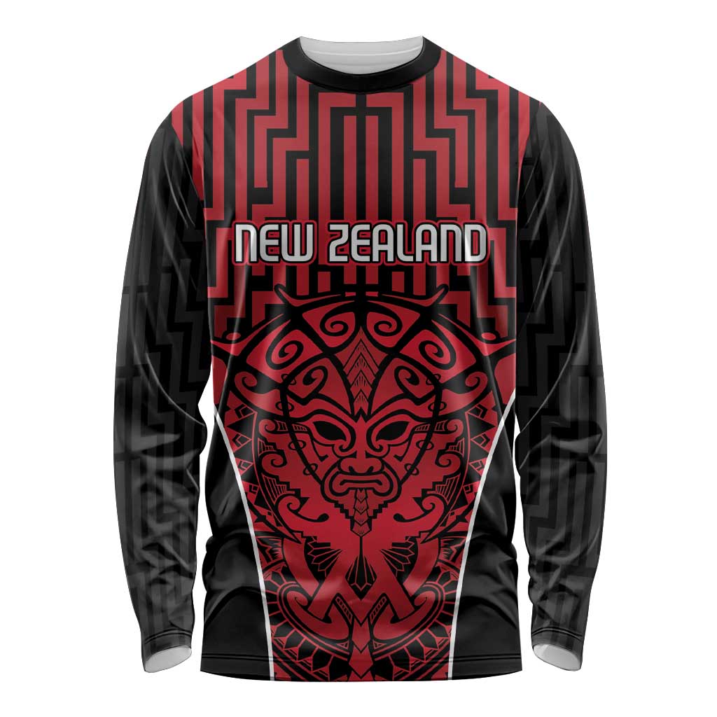 Custom Basketball New Zealand Long Sleeve Shirt Red Maori Ta Moko Indigenous - Polynesian Pride
