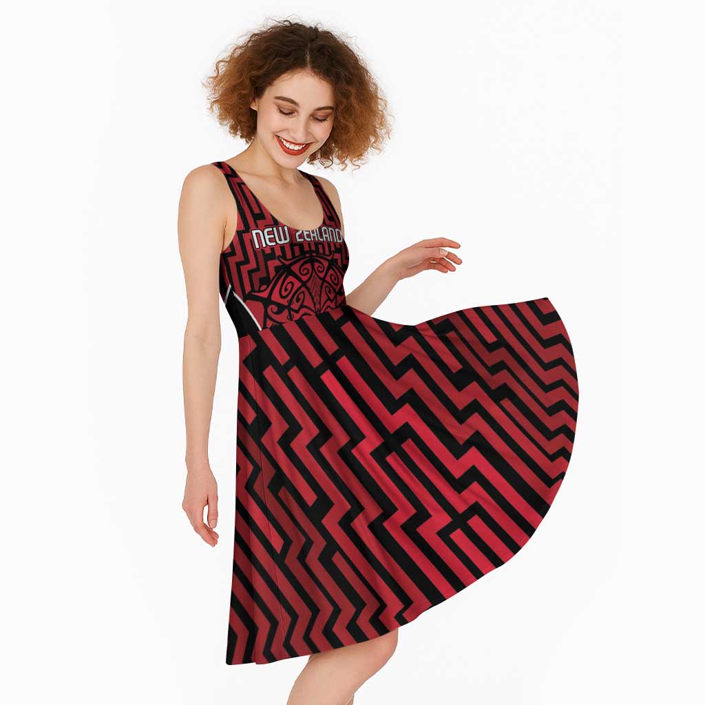 Custom Basketball New Zealand Midi Dress Red Maori Ta Moko Indigenous - Polynesian Pride