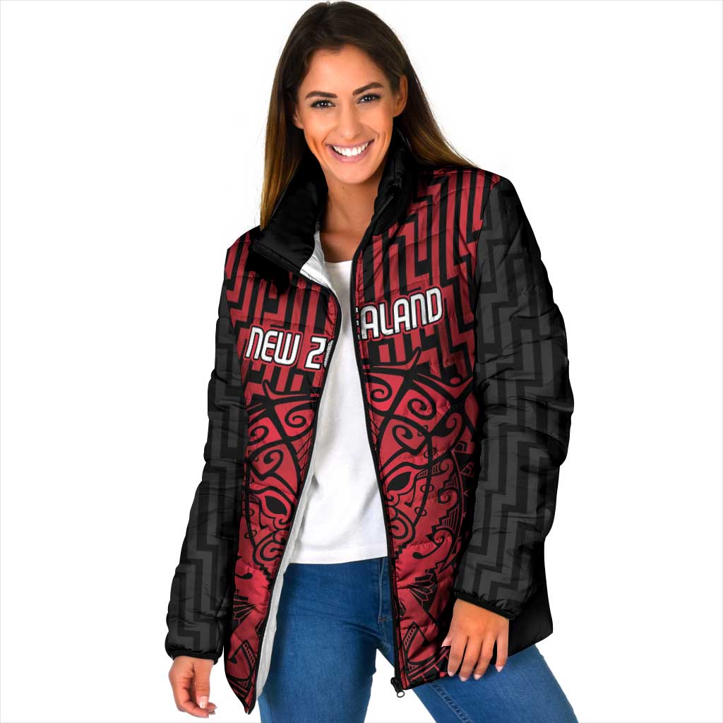 Custom Basketball New Zealand Padded Jacket Red Maori Ta Moko Indigenous - Polynesian Pride
