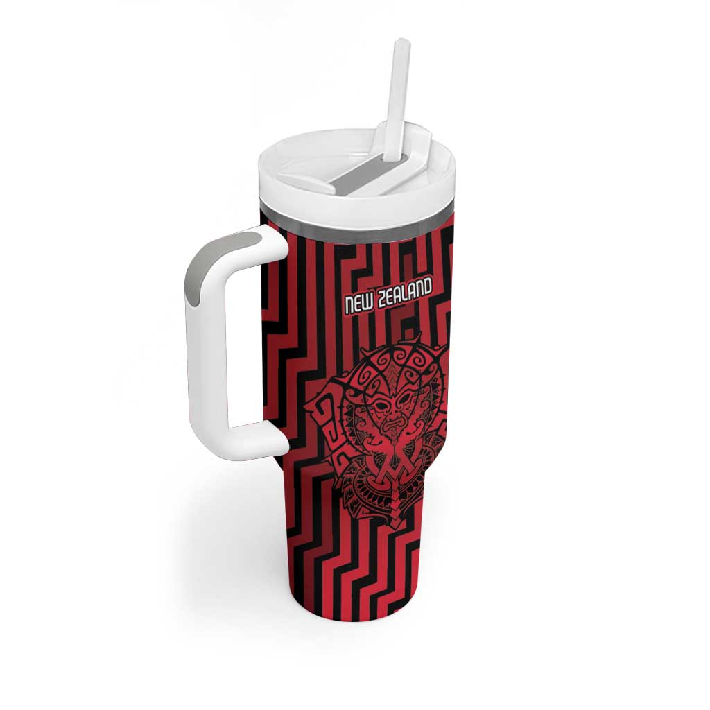 Custom Basketball New Zealand Tumbler With Handle Red Maori Ta Moko Indigenous - Polynesian Pride