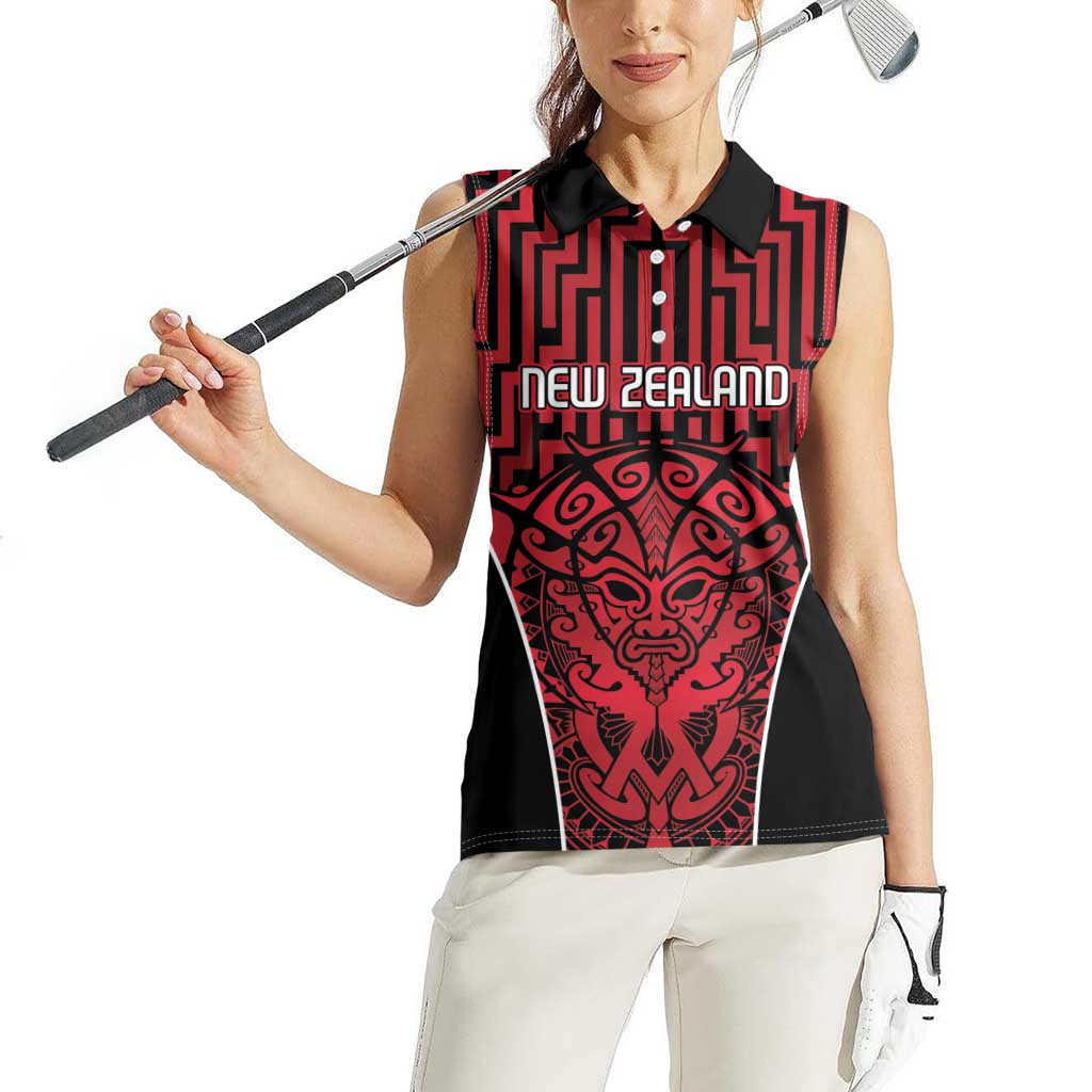 Custom Basketball New Zealand Women Sleeveless Polo Shirt Red Maori Ta Moko Indigenous LT9 - Polynesian Pride