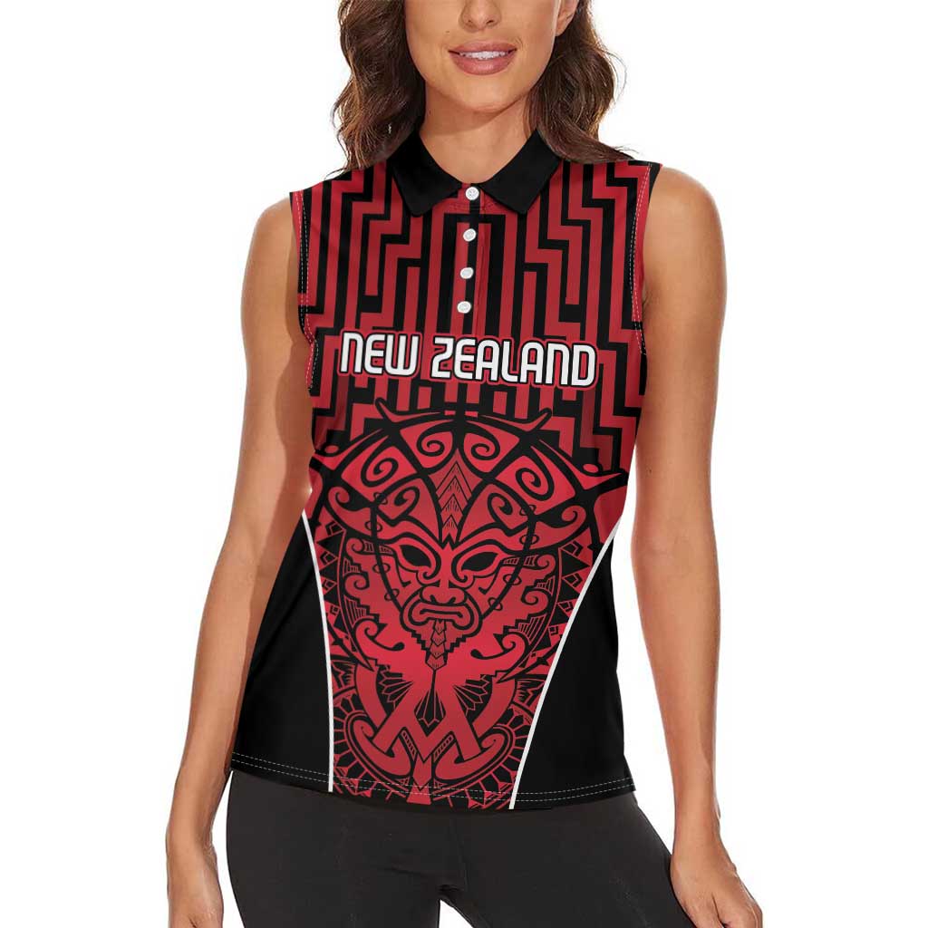 Custom Basketball New Zealand Women Sleeveless Polo Shirt Red Maori Ta Moko Indigenous LT9 - Polynesian Pride