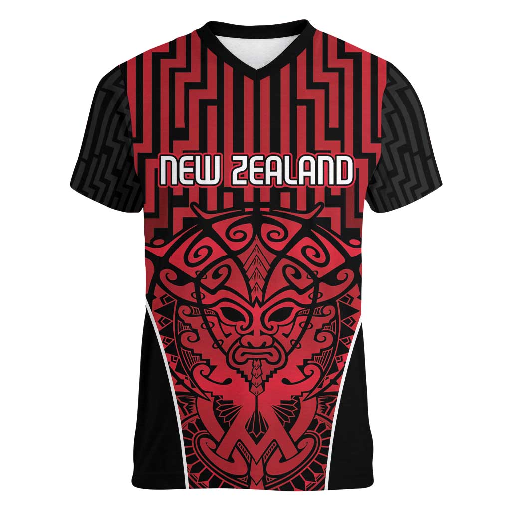 Custom Basketball New Zealand Women V-Neck T-Shirt Red Maori Ta Moko Indigenous LT9 Female Red - Polynesian Pride