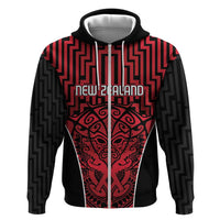 Custom Basketball New Zealand Zip Hoodie Red Maori Ta Moko Indigenous - Polynesian Pride