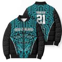 Custom Basketball New Zealand Bomber Puffer Jacket Teal Maori Ta Moko Indigenous - Polynesian Pride