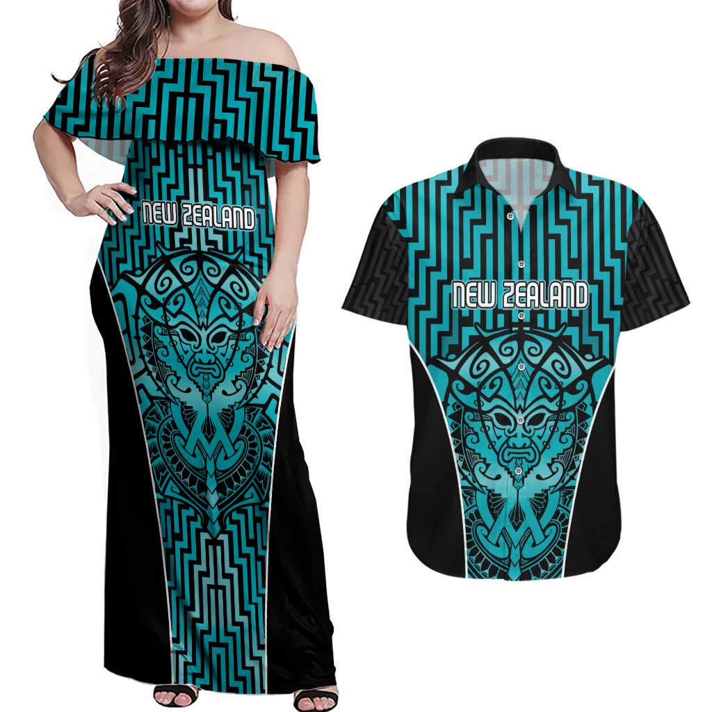 Custom Basketball New Zealand Couples Matching Off Shoulder Maxi Dress and Hawaiian Shirt Teal Maori Ta Moko Indigenous - Polynesian Pride