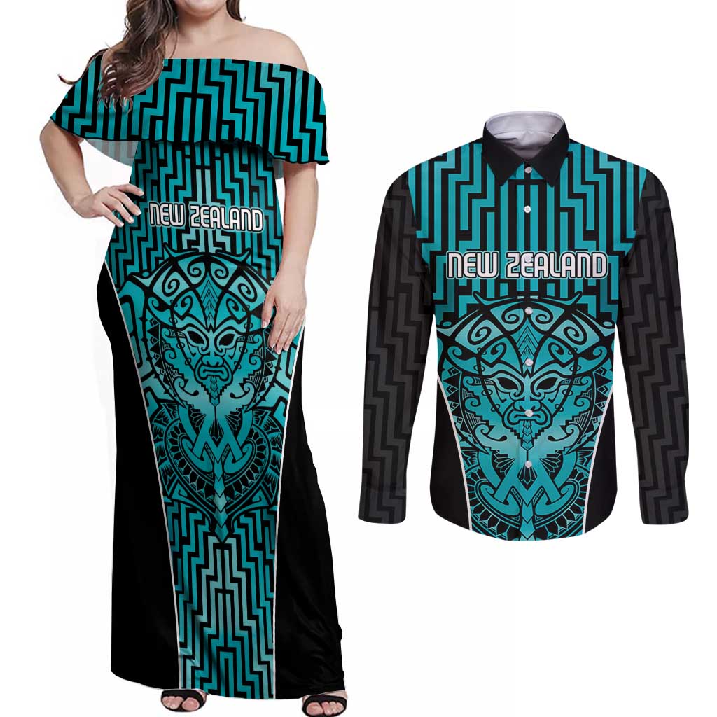 Custom Basketball New Zealand Couples Matching Off Shoulder Maxi Dress and Long Sleeve Button Shirt Teal Maori Ta Moko Indigenous LT9 Teal - Polynesian Pride