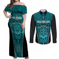 Custom Basketball New Zealand Couples Matching Off Shoulder Maxi Dress and Long Sleeve Button Shirt Teal Maori Ta Moko Indigenous LT9 Teal - Polynesian Pride