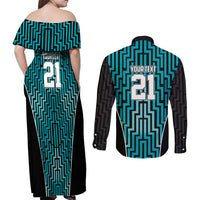 Custom Basketball New Zealand Couples Matching Off Shoulder Maxi Dress and Long Sleeve Button Shirt Teal Maori Ta Moko Indigenous LT9 - Polynesian Pride