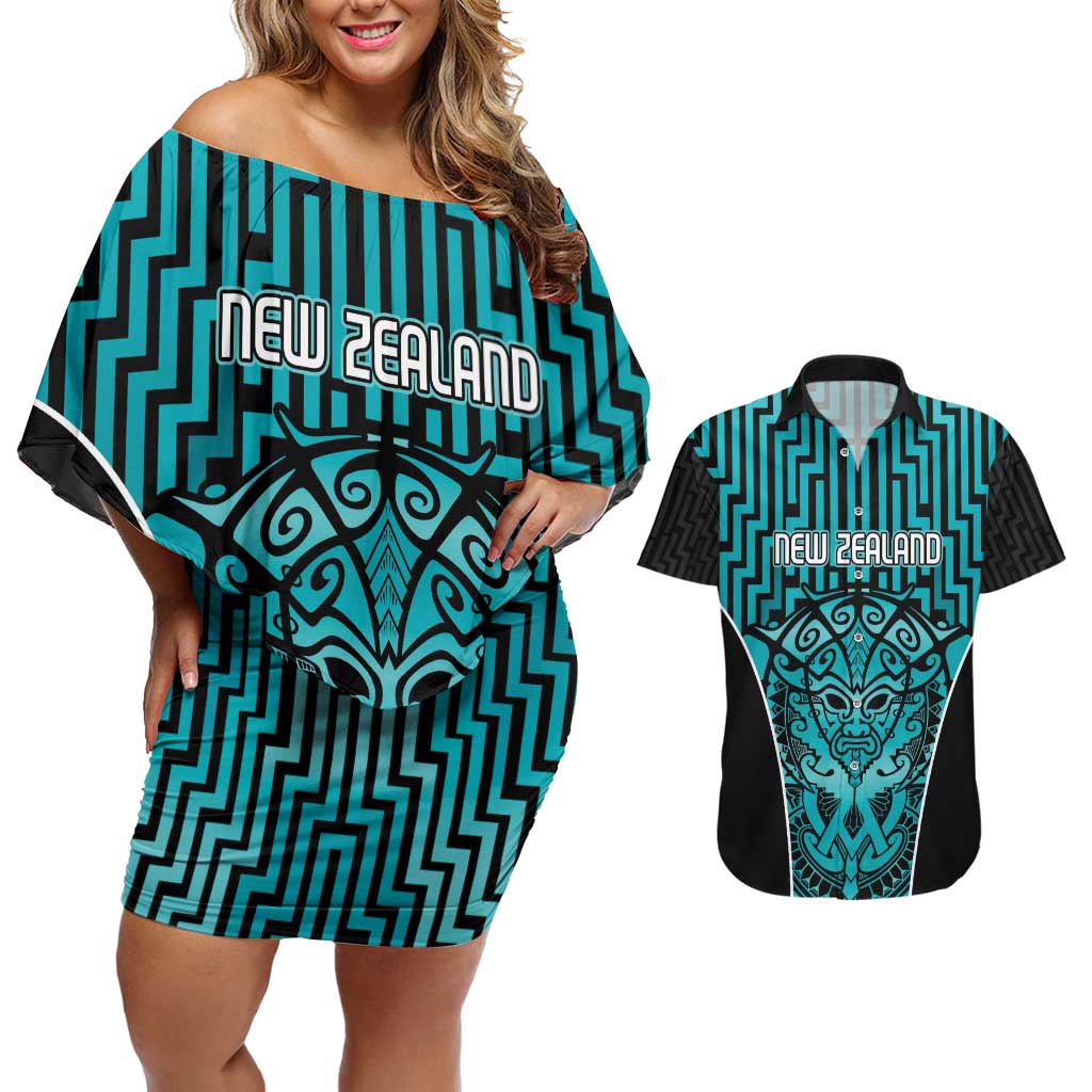 Custom Basketball New Zealand Couples Matching Off Shoulder Short Dress and Hawaiian Shirt Teal Maori Ta Moko Indigenous LT9 Teal - Polynesian Pride