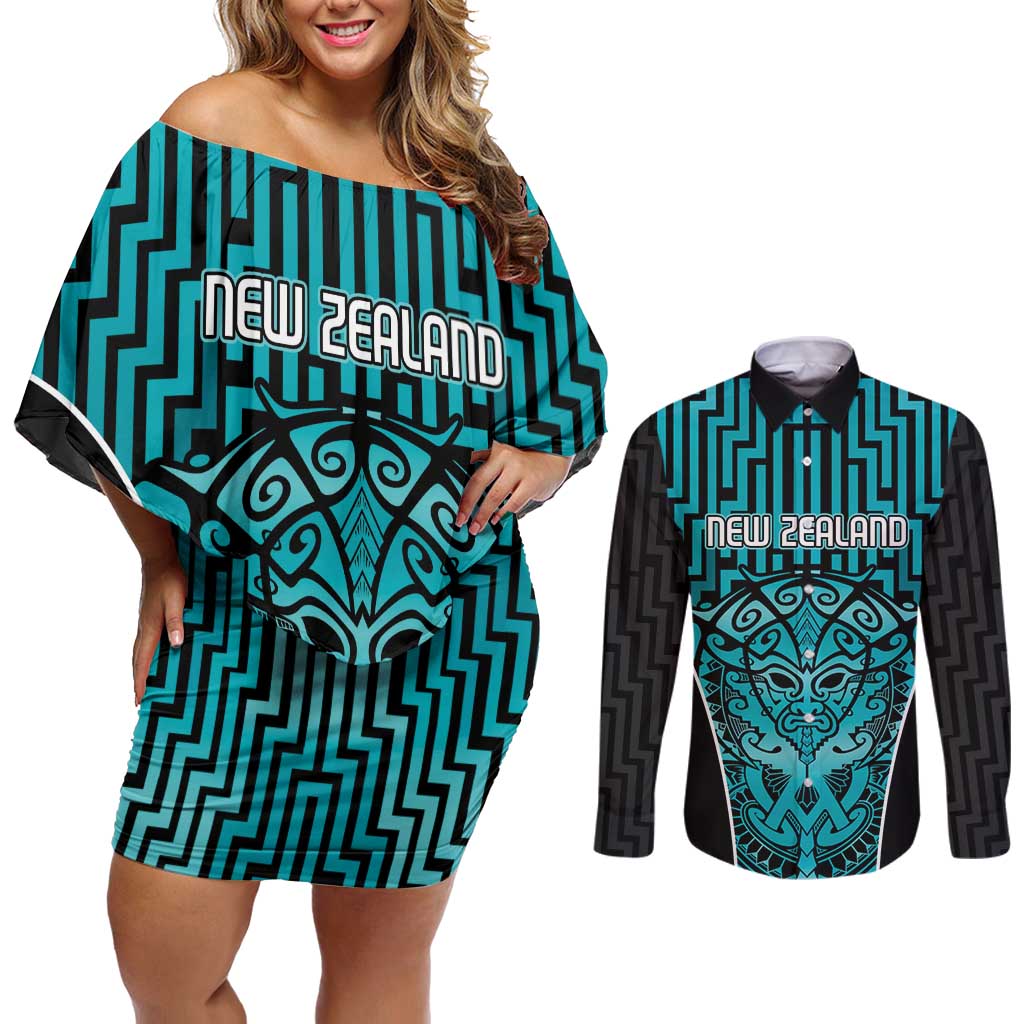 Custom Basketball New Zealand Couples Matching Off Shoulder Short Dress and Long Sleeve Button Shirt Teal Maori Ta Moko Indigenous LT9 Teal - Polynesian Pride