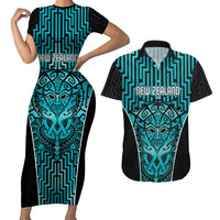 Custom Basketball New Zealand Couples Matching Short Sleeve Bodycon Dress and Hawaiian Shirt Teal Maori Ta Moko Indigenous - Polynesian Pride