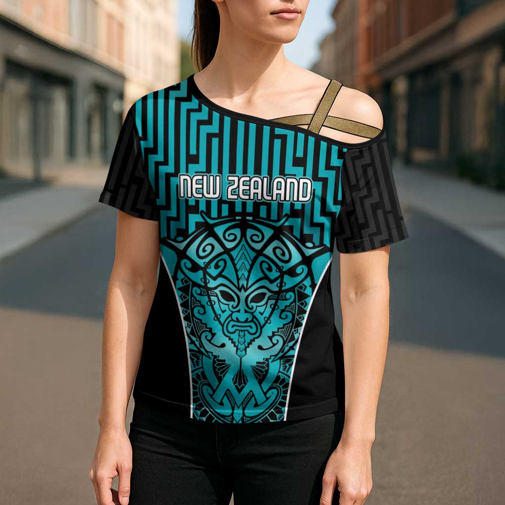 Custom Basketball New Zealand Cross Shoulder Shirt Teal Maori Ta Moko Indigenous - Polynesian Pride