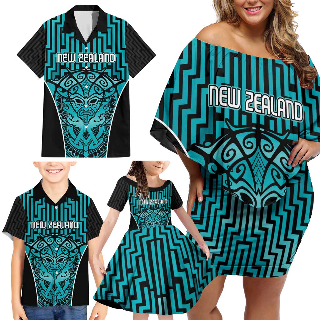 Custom Basketball New Zealand Family Matching Off Shoulder Short Dress and Hawaiian Shirt Teal Maori Ta Moko Indigenous LT9 - Polynesian Pride