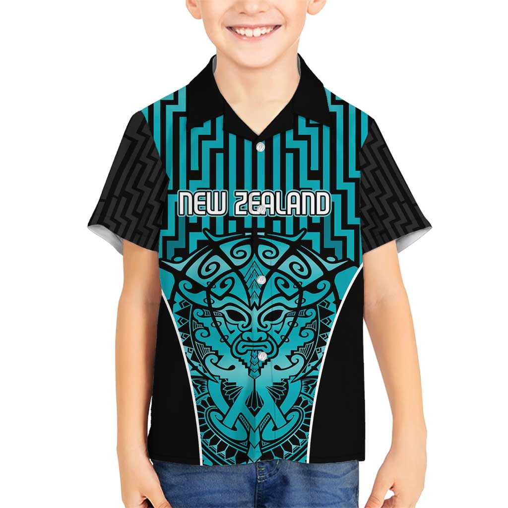 Custom Basketball New Zealand Family Matching Off Shoulder Short Dress and Hawaiian Shirt Teal Maori Ta Moko Indigenous LT9 Son's Shirt Teal - Polynesian Pride