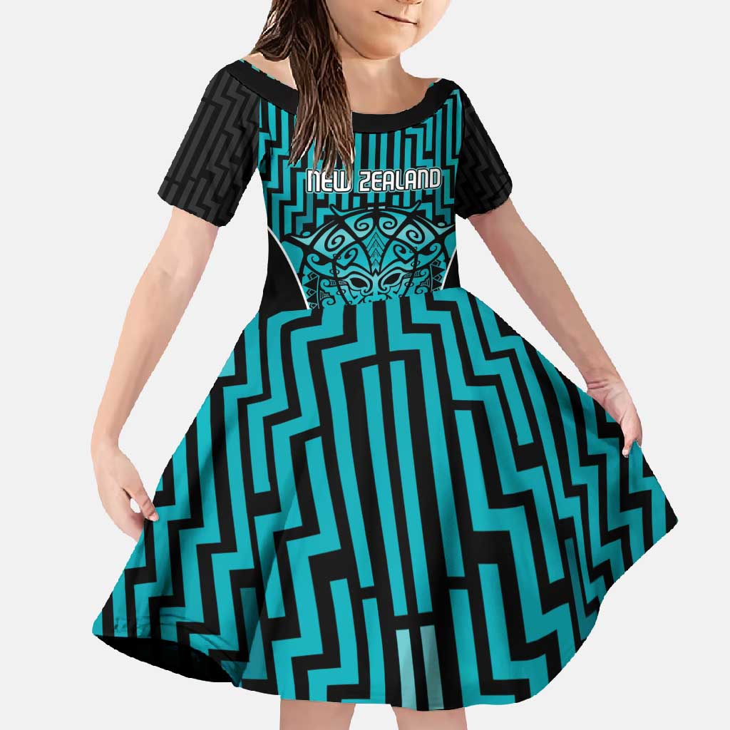 Custom Basketball New Zealand Family Matching Short Sleeve Bodycon Dress and Hawaiian Shirt Teal Maori Ta Moko Indigenous LT9 Daughter's Dress Teal - Polynesian Pride
