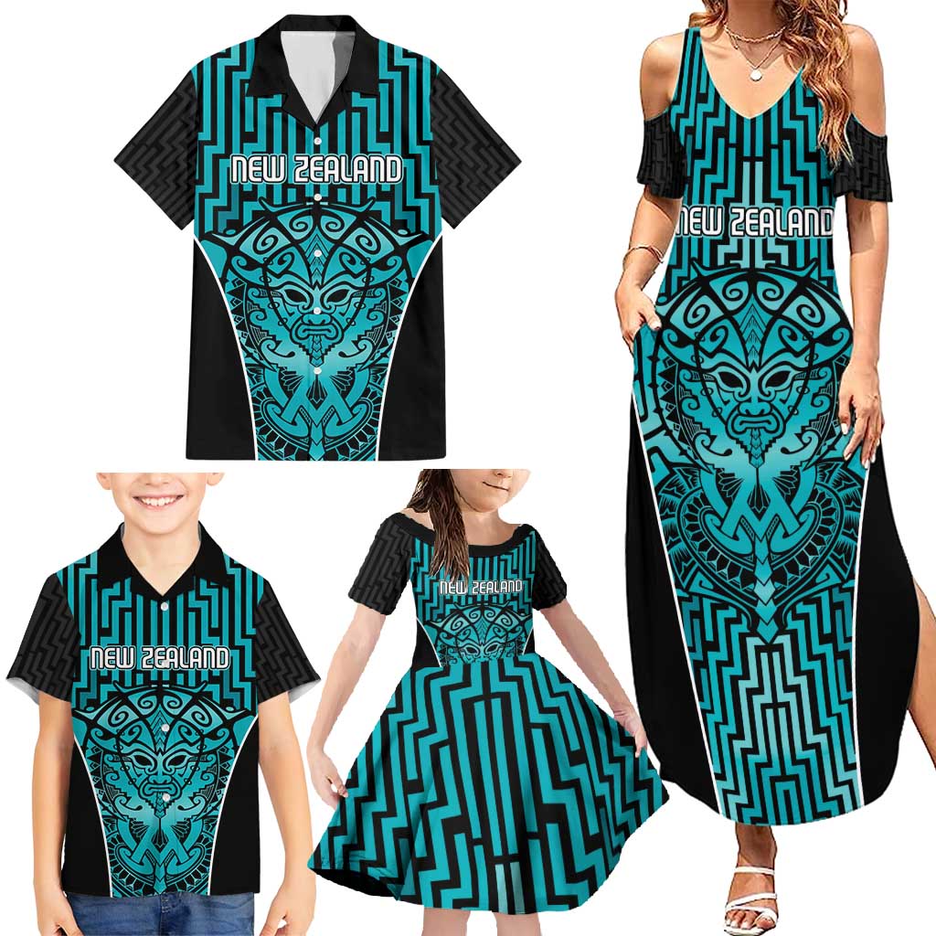 Custom Basketball New Zealand Family Matching Summer Maxi Dress and Hawaiian Shirt Teal Maori Ta Moko Indigenous LT9 - Polynesian Pride