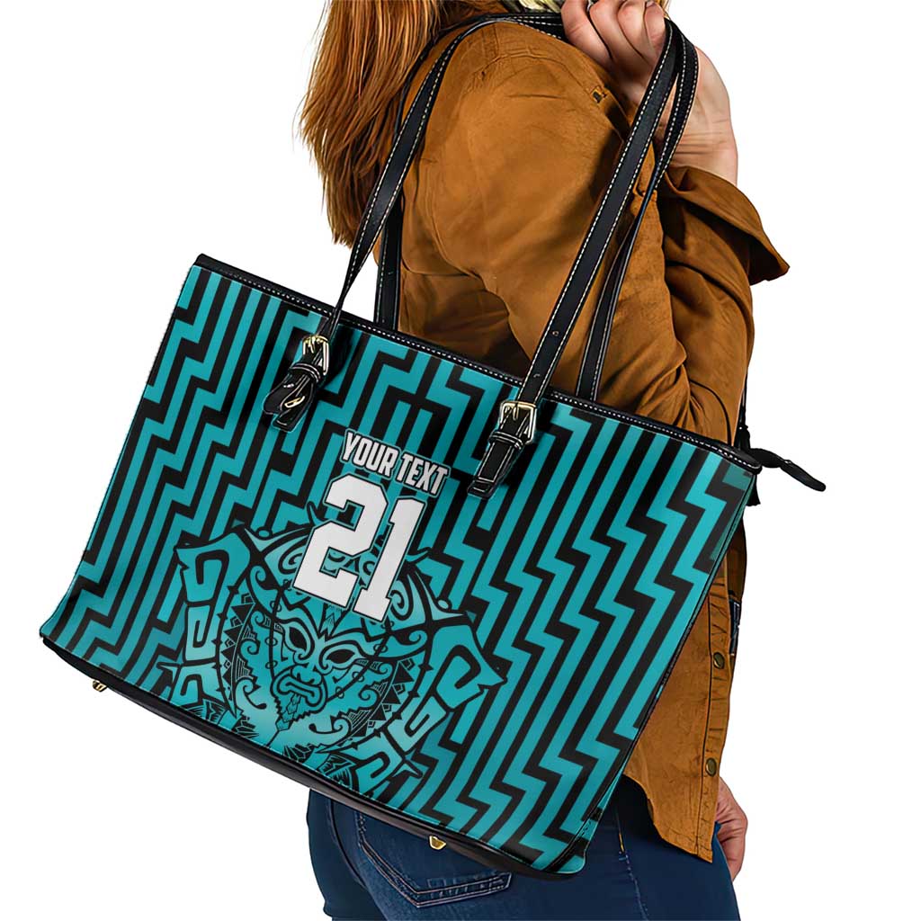 Custom Basketball New Zealand Leather Tote Bag Teal Maori Ta Moko Indigenous - Polynesian Pride