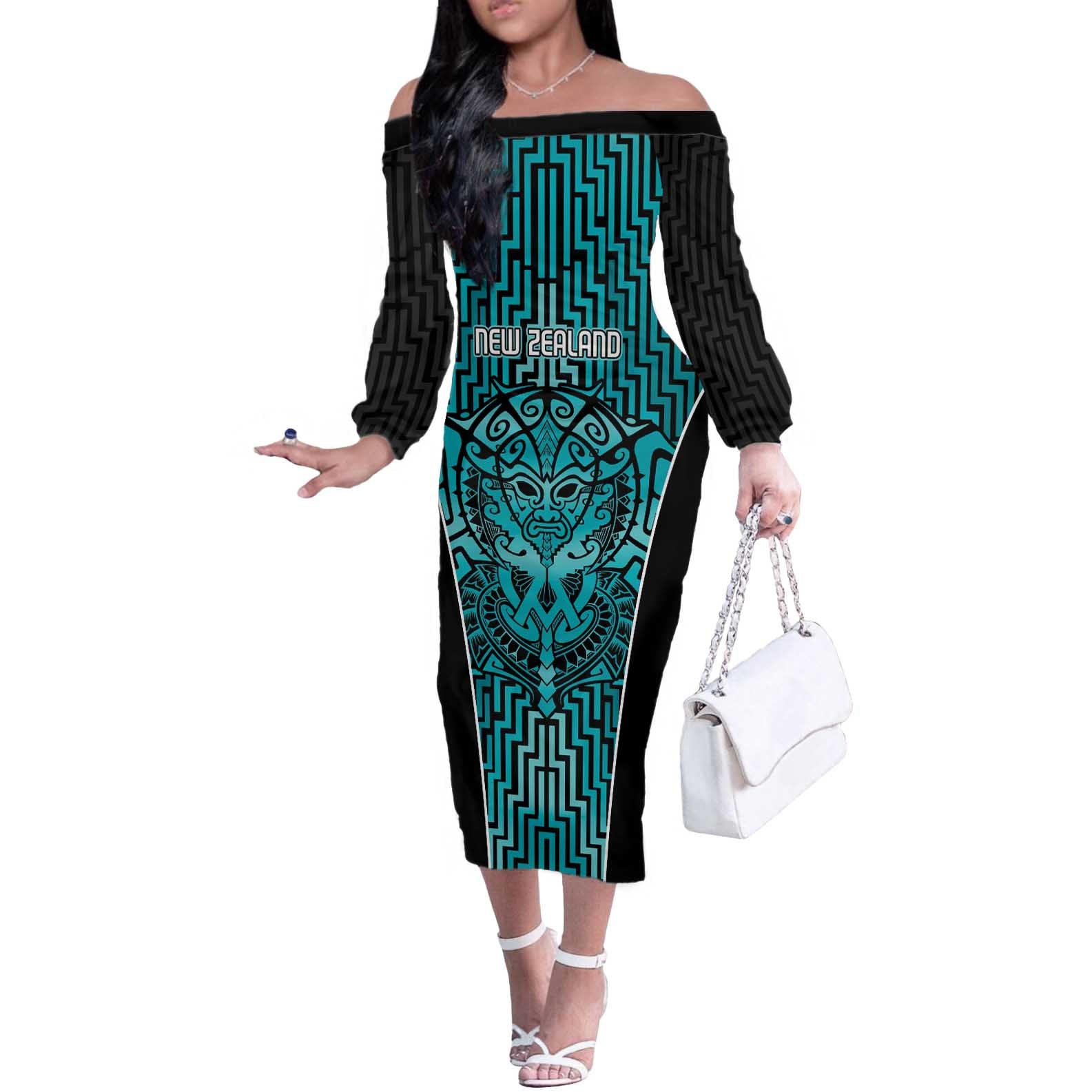 Custom Basketball New Zealand Off The Shoulder Long Sleeve Dress Teal Maori Ta Moko Indigenous - Polynesian Pride