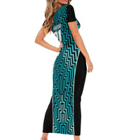 Custom Basketball New Zealand Short Sleeve Bodycon Dress Teal Maori Ta Moko Indigenous - Polynesian Pride