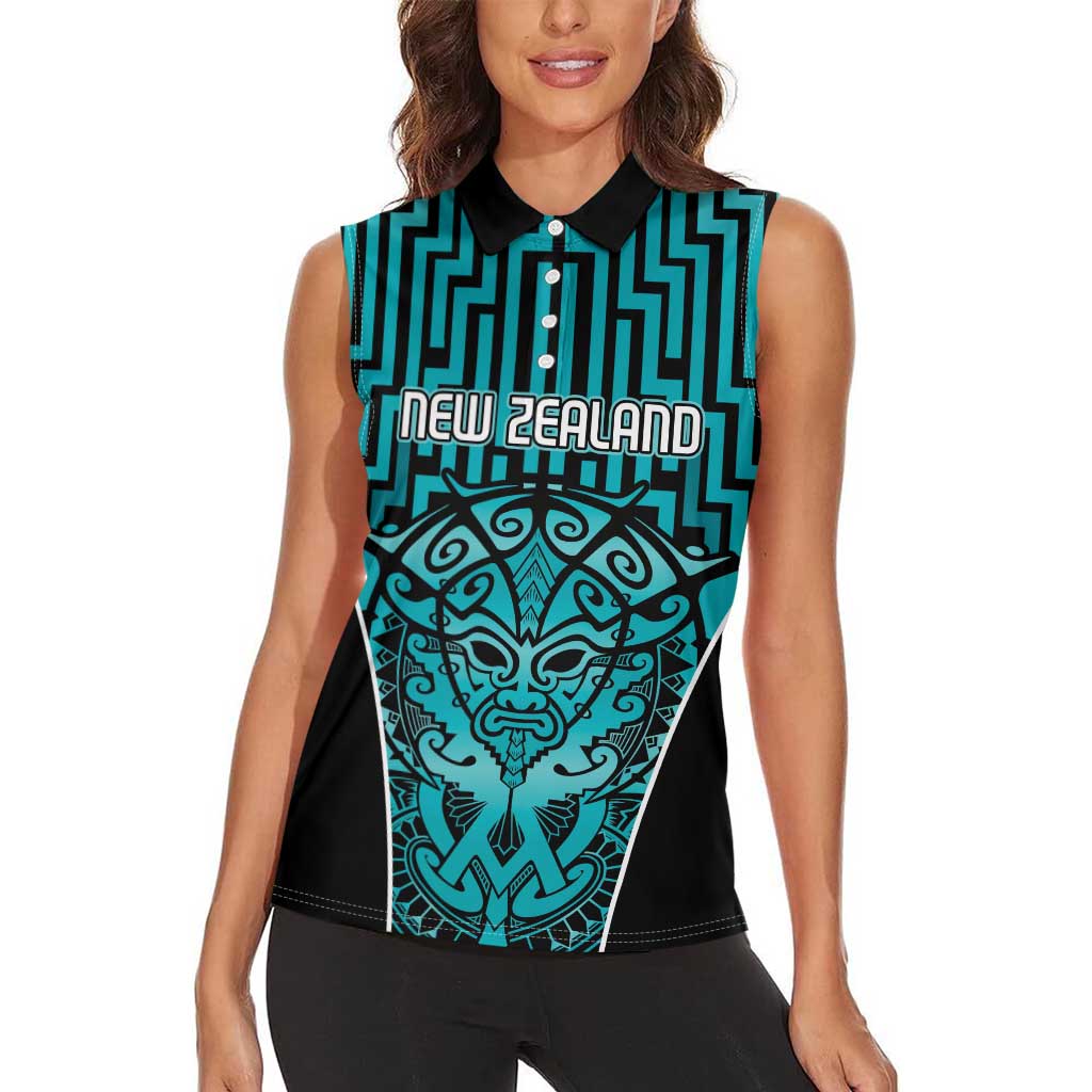 Custom Basketball New Zealand Women Sleeveless Polo Shirt Teal Maori Ta Moko Indigenous LT9 - Polynesian Pride