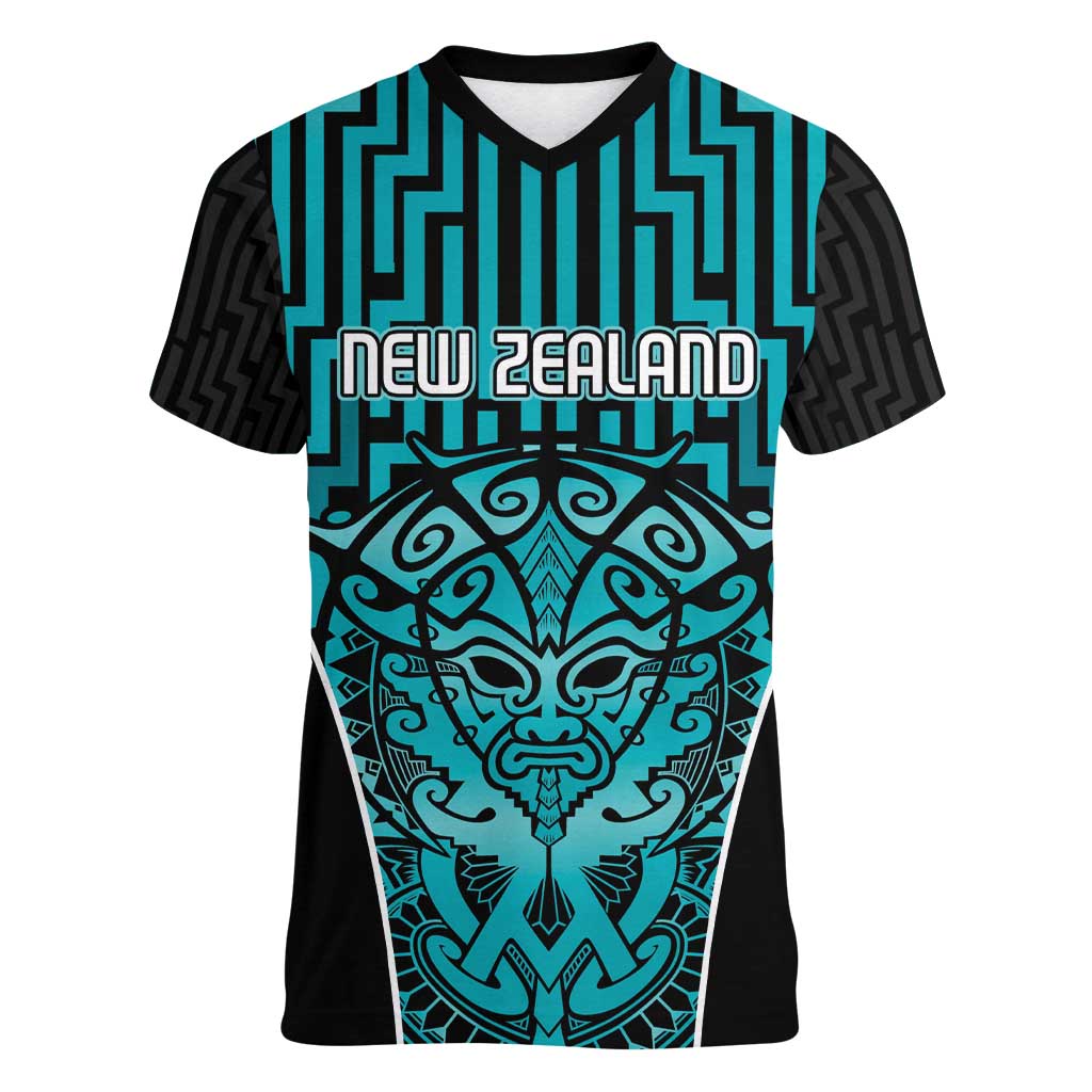 Custom Basketball New Zealand Women V-Neck T-Shirt Teal Maori Ta Moko Indigenous LT9 Female Teal - Polynesian Pride