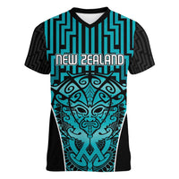 Custom Basketball New Zealand Women V-Neck T-Shirt Teal Maori Ta Moko Indigenous LT9 Female Teal - Polynesian Pride