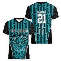 Custom Basketball New Zealand Women V-Neck T-Shirt Teal Maori Ta Moko Indigenous LT9 - Polynesian Pride