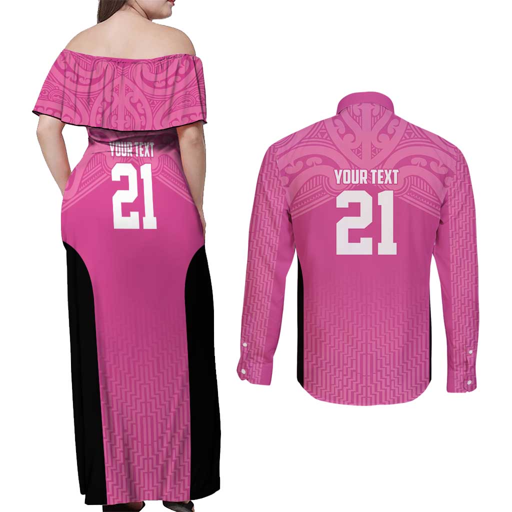 New Zealand Custom Couples Matching Off Shoulder Maxi Dress and Long Sleeve Button Shirt Fire Basketball Maori Tribal Pink LT9 - Polynesian Pride