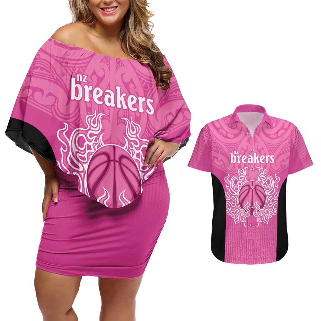New Zealand Custom Couples Matching Off Shoulder Short Dress and Hawaiian Shirt Fire Basketball Maori Tribal Pink LT9 Pink - Polynesian Pride