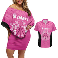 New Zealand Custom Couples Matching Off Shoulder Short Dress and Hawaiian Shirt Fire Basketball Maori Tribal Pink LT9 Pink - Polynesian Pride
