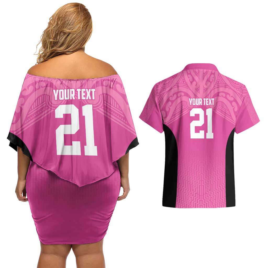 New Zealand Custom Couples Matching Off Shoulder Short Dress and Hawaiian Shirt Fire Basketball Maori Tribal Pink LT9 - Polynesian Pride