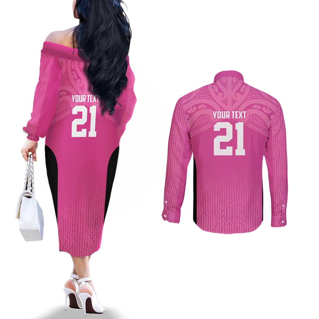 New Zealand Custom Couples Matching Off The Shoulder Long Sleeve Dress and Long Sleeve Button Shirt Fire Basketball Maori Tribal Pink - Polynesian Pride