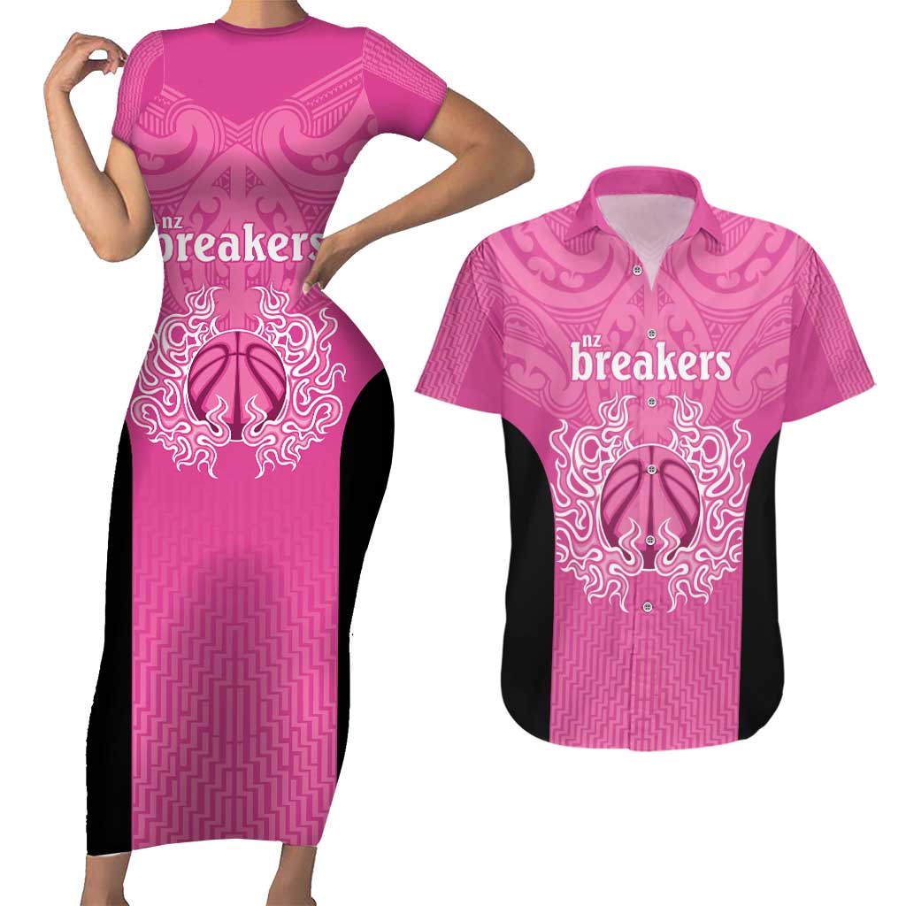 New Zealand Custom Couples Matching Short Sleeve Bodycon Dress and Hawaiian Shirt Fire Basketball Maori Tribal Pink - Polynesian Pride