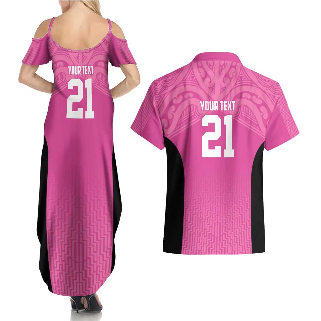 New Zealand Custom Couples Matching Summer Maxi Dress and Hawaiian Shirt Fire Basketball Maori Tribal Pink - Polynesian Pride
