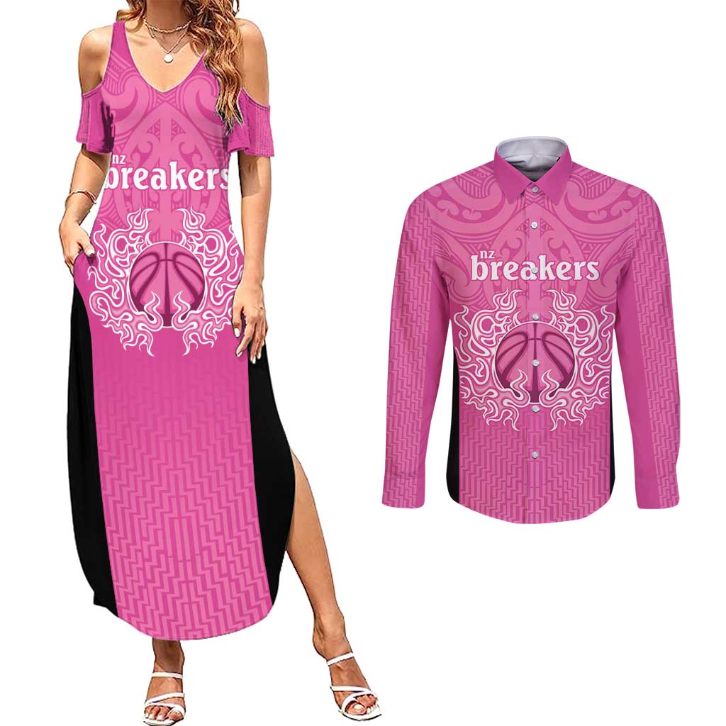 New Zealand Custom Couples Matching Summer Maxi Dress and Long Sleeve Button Shirt Fire Basketball Maori Tribal Pink - Polynesian Pride