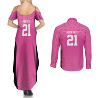 New Zealand Custom Couples Matching Summer Maxi Dress and Long Sleeve Button Shirt Fire Basketball Maori Tribal Pink - Polynesian Pride