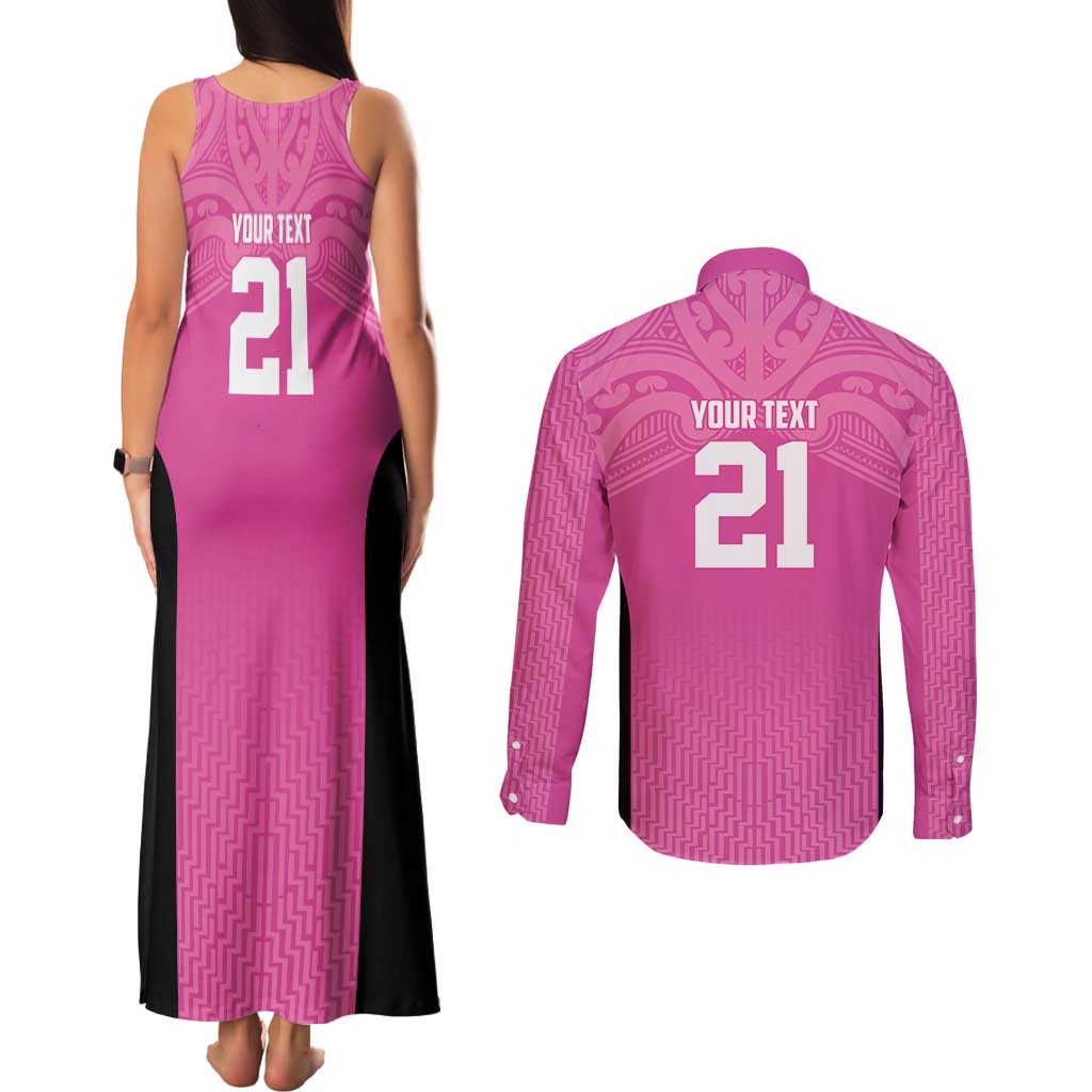 New Zealand Custom Couples Matching Tank Maxi Dress and Long Sleeve Button Shirt Fire Basketball Maori Tribal Pink - Polynesian Pride
