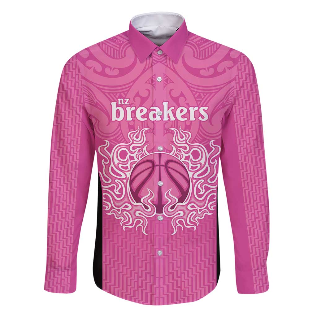 New Zealand Custom Family Matching Mermaid Dress and Hawaiian Shirt Fire Basketball Maori Tribal Pink LT9 Dad's Shirt - Long Sleeve Pink - Polynesian Pride
